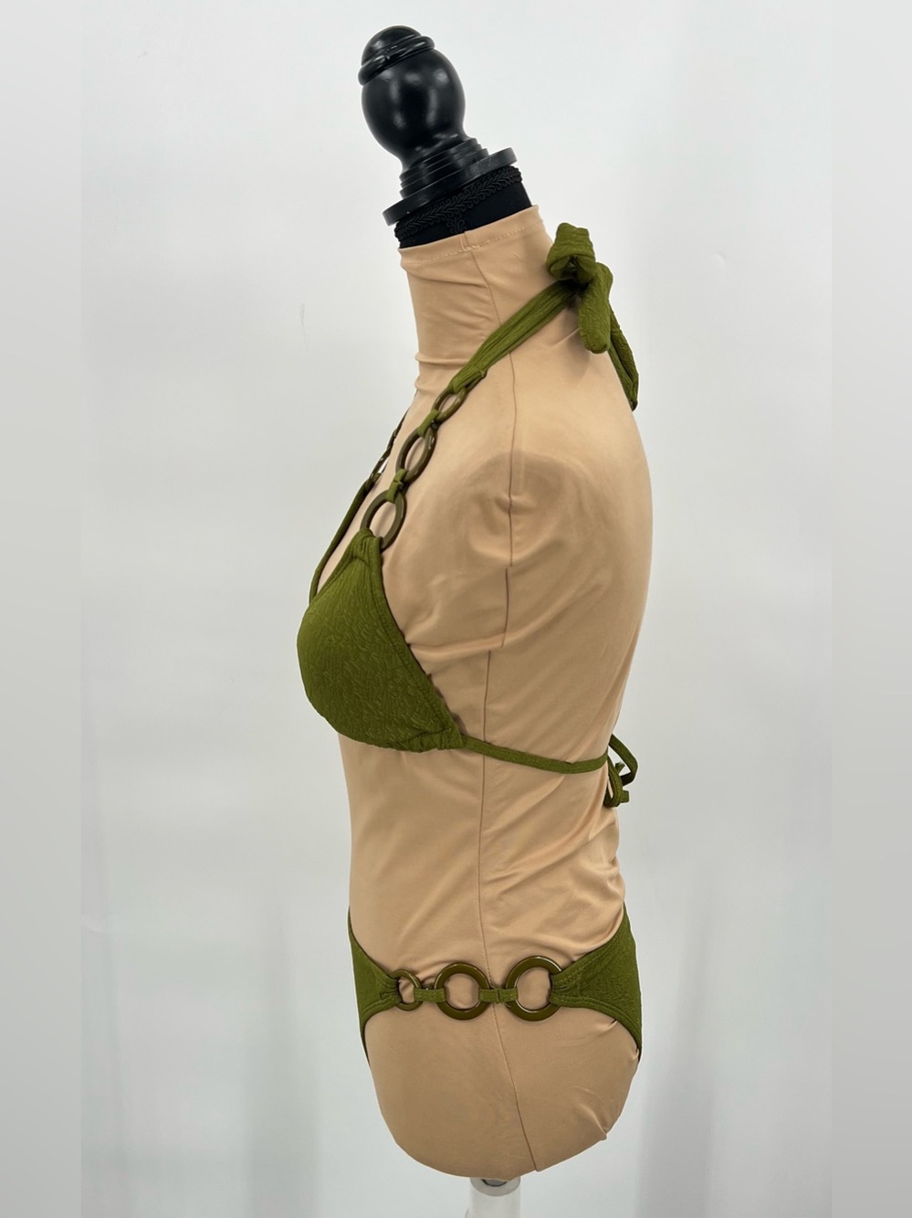Olive green ring detail textured bikini S euro summer resortwear tulum swimwear - Picture 4 of 14